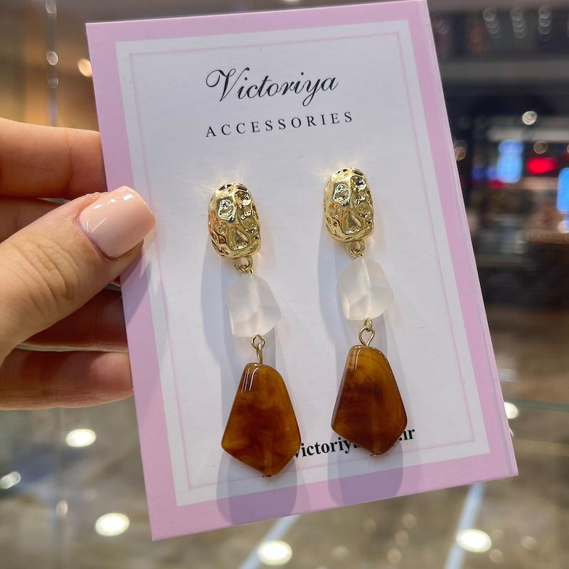 گوشواره بلند سنگ کرم قهوه ای 