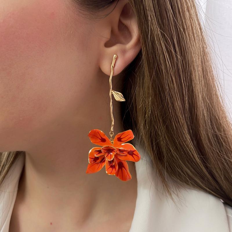 گوشواره گل نارنجی فشن میناکاری