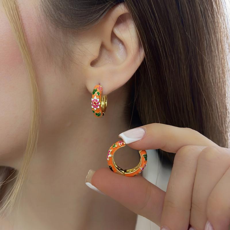 گوشواره حلقه ای نارنجی میناکاری