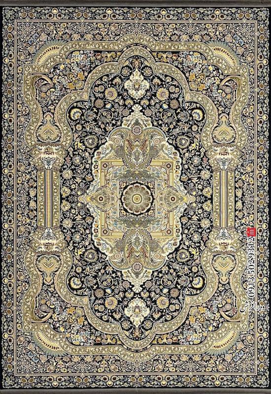 فرش ماشینی 1200 شانه طرح باستان تراکم 3600 رنگ سورمه ای