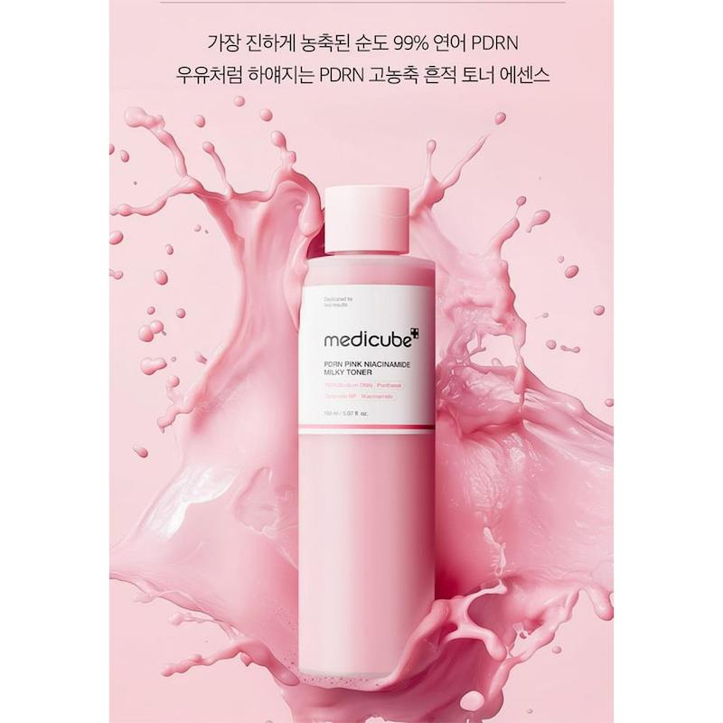 تونر شیری PDRN مدیکیوب با ترکیبات پانتنول و نیاسینامید MEDICUB PDRN PINK NIACINAMIDE MILKY TONER 150ML [تضمین اصالت]