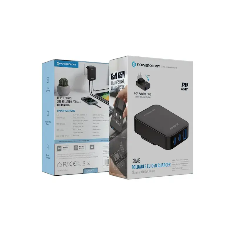 شارژر دیواری Powerology Crab Foldable EU GaN Charger