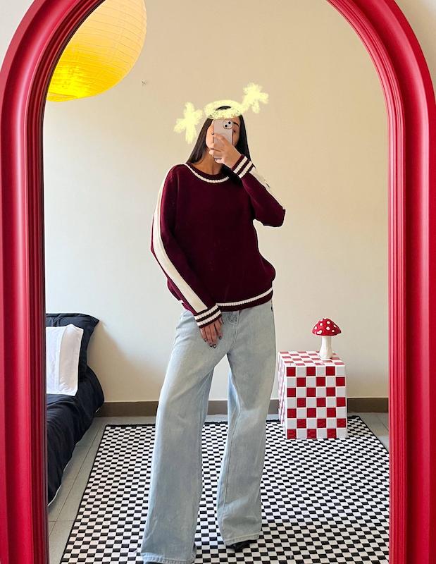 بافت نرم و لطیف زرشکی خط دار سفید برند Zara