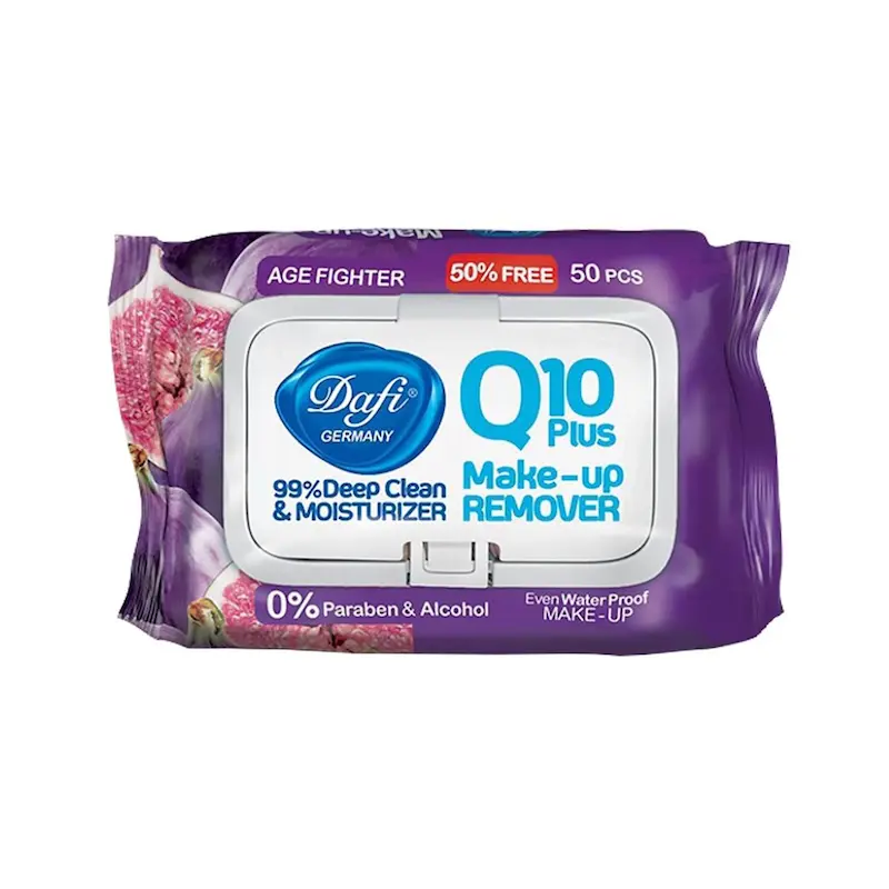 دستمال مرطوب پاک کننده آرایش دافی مدل Q10 طرح میوه انجیر DAFI (۵۰ عددی)