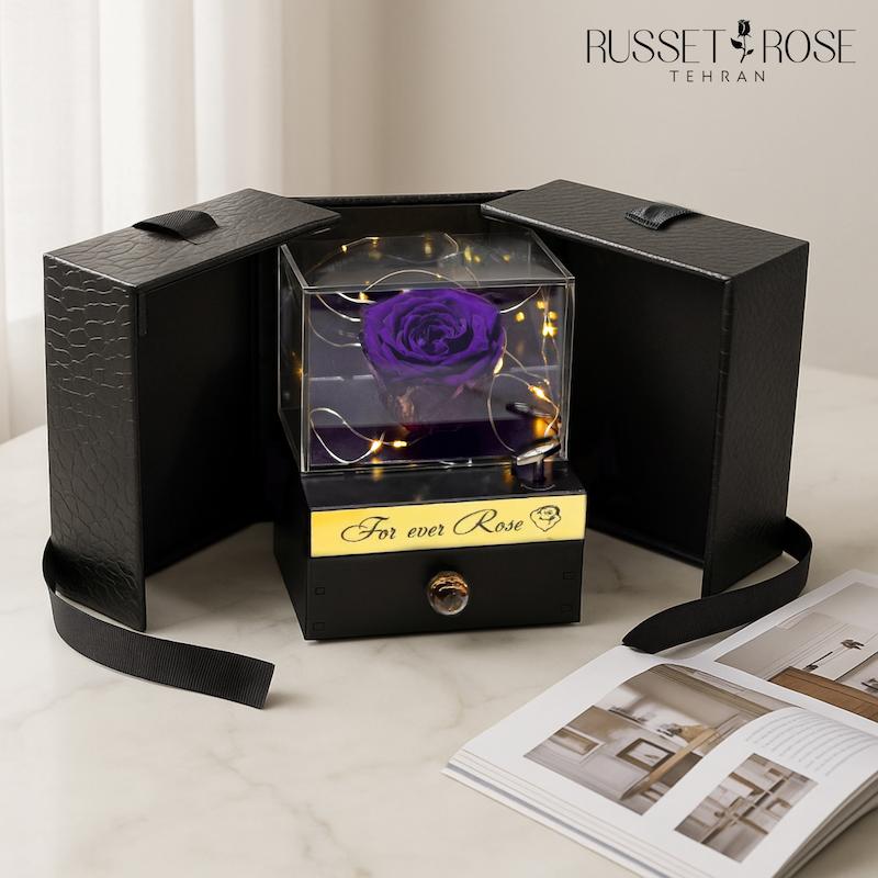 باکس موزیکال سوپرایزی با رز بنفش و هورتانسیا صورتی جاودان هدیه لوکس