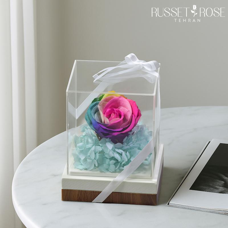 باکس افرا با رز جاودان هفت رنگ و هورتانسیا جاودان آبی