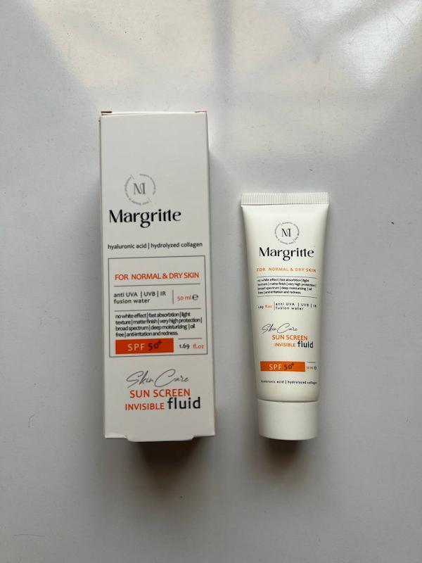 فلوئید ضد آفتاب بی رنگ مارگریت با SPF50 مناسب پوست نرمال تا خشک حجم 50 میلی لیتر