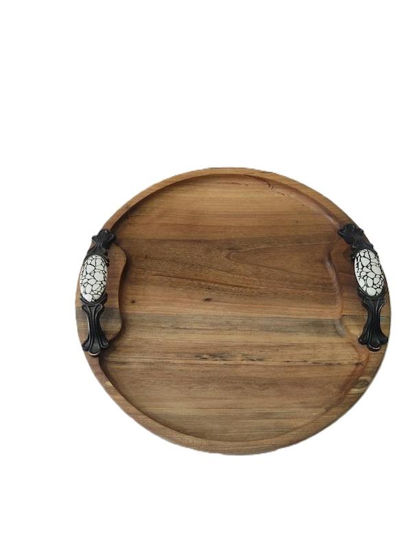 سینی چوبی گرد دسته فلزی مشکی نگین دار -Round wooden tray with a black metal handle and jeweled handles