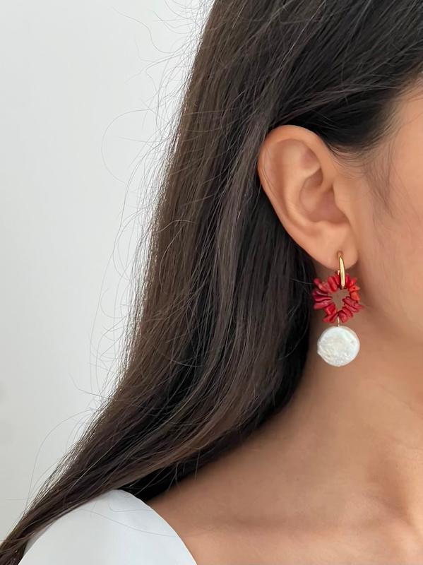 گوشواره سنگ قرمز و مروارید پرورشی 