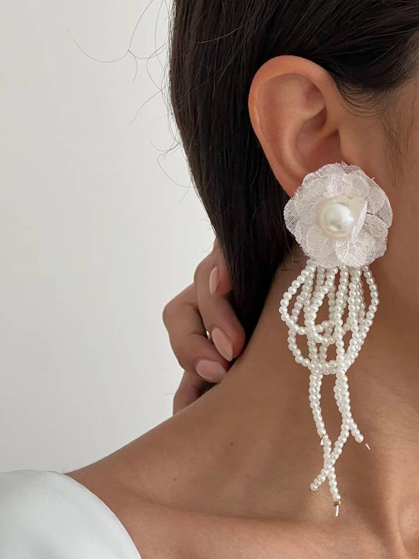 گوشواره گل توری آویز مروارید