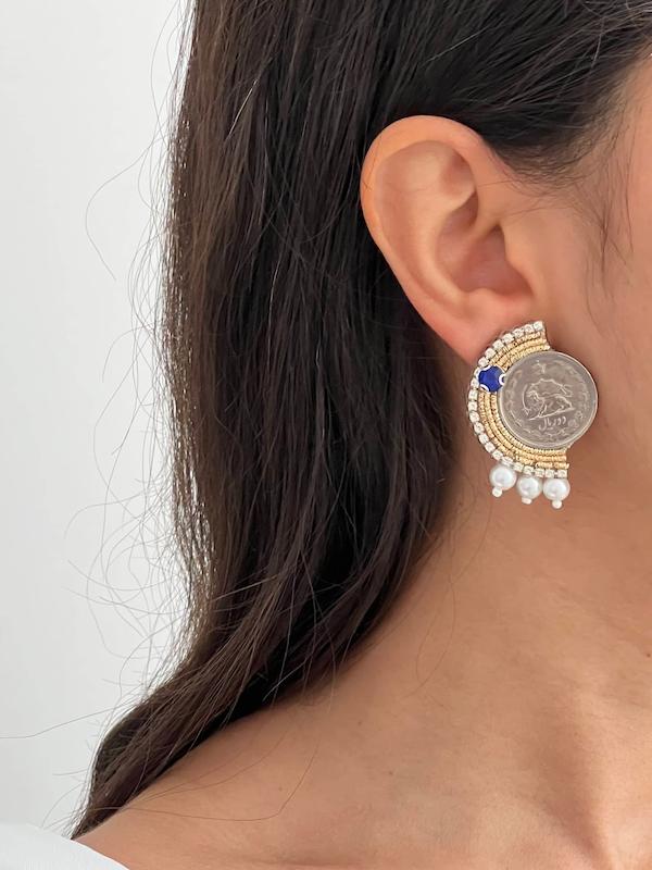 گوشواره سکه تک نگین آبی