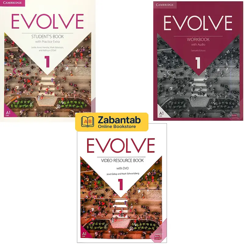 تصویر پک سه جلدی کتاب Evolve 1 شامل Student’s Book، Workbook و Video Resource Book از انتشارات کمبریج ویژه زبان‌آموزان سطح A1-A2.
