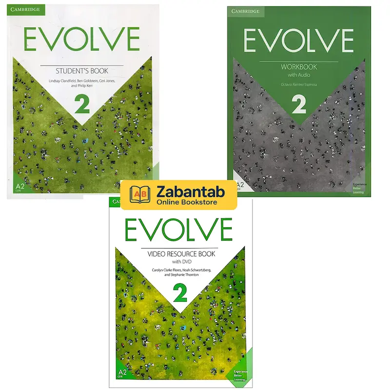 تصویر پک سه جلدی کتاب Evolve 2 شامل Student’s Book، Workbook و Video Resource Book از انتشارات کمبریج مناسب یادگیری زبان انگلیسی در سطح A2.