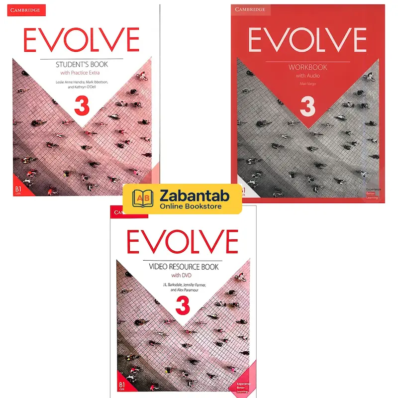 تصویر پک سه جلدی کتاب Evolve 3 شامل Student’s Book، Workbook و Video Resource Book از انتشارات کمبریج برای آموزش زبان انگلیسی سطح B1-B1+.