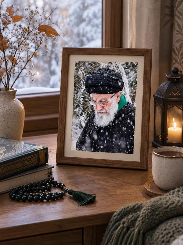 قاب عکس رهبر شهید ایستاده در برف