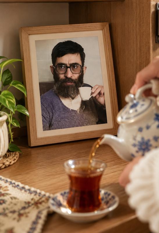 قاب عکس رهبر شهید در حال نوشیدن چای