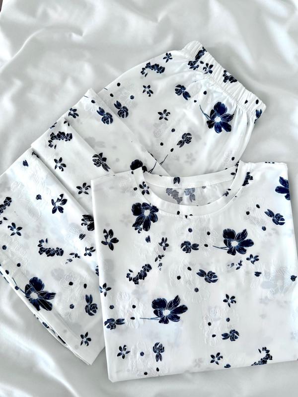 تیشرت شلوار گل برجسته آبی