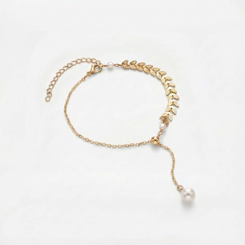 دستبند زنانه طرح برگ و مروارید