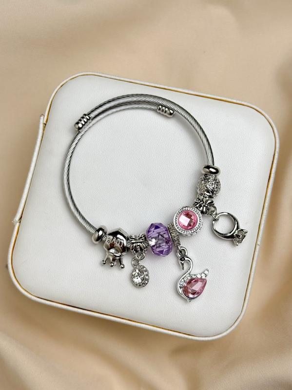 دستبند پاندورا حلقه و قو صورتی