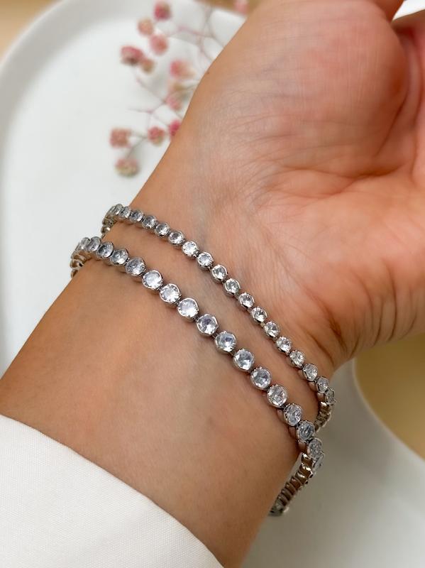 دستبند تنیسی نگین گرد نقره ای 