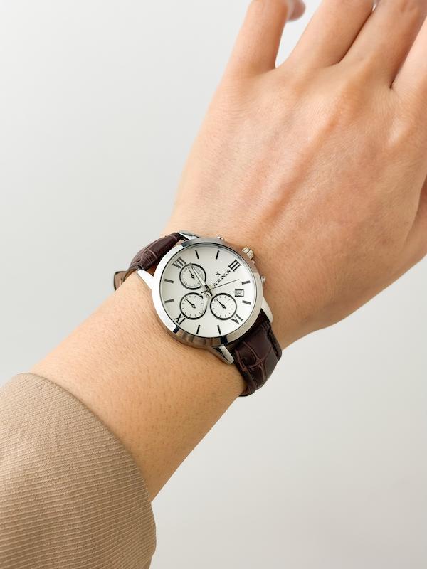 ساعت چرم زنانه و مردانه رومانسون طرح 3 موتوره (قهوه ای نقره ای )