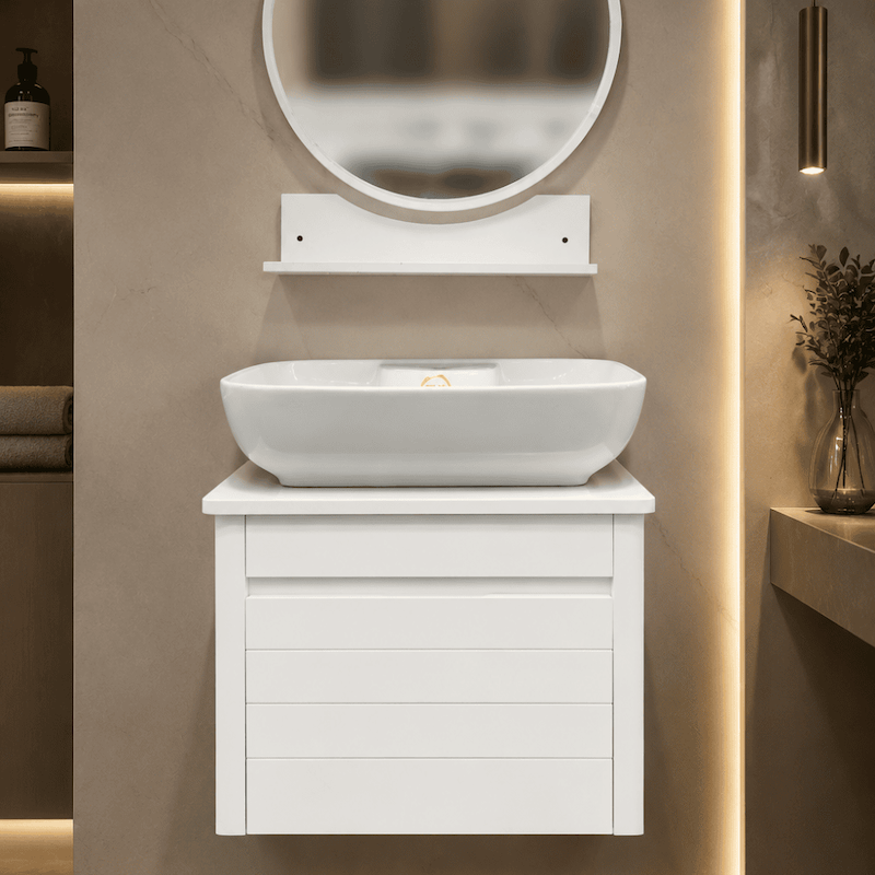 کابینت روشویی سفید با آینه گرد و آتاژور قسطی 