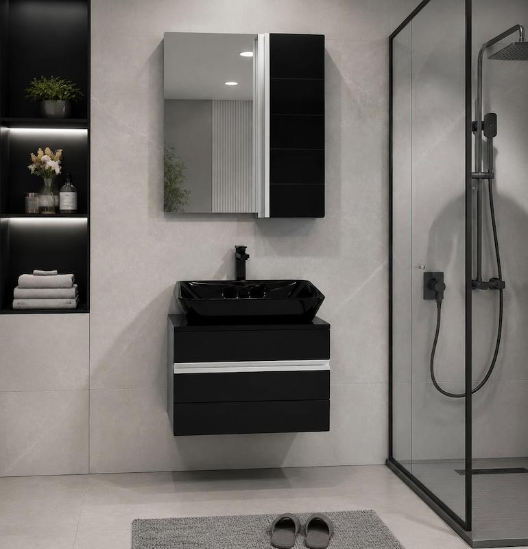 روشویی کابینتی و آینه مشکی قسطی