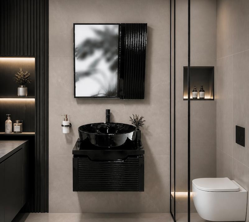 روشویی کابینتی و آینه باکس مشکی قسطی 
