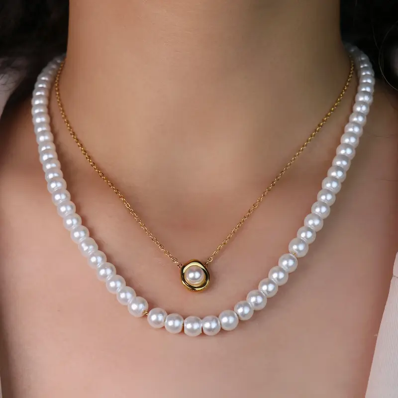 گردنبند استیل دوبل طرح مروارید کد219