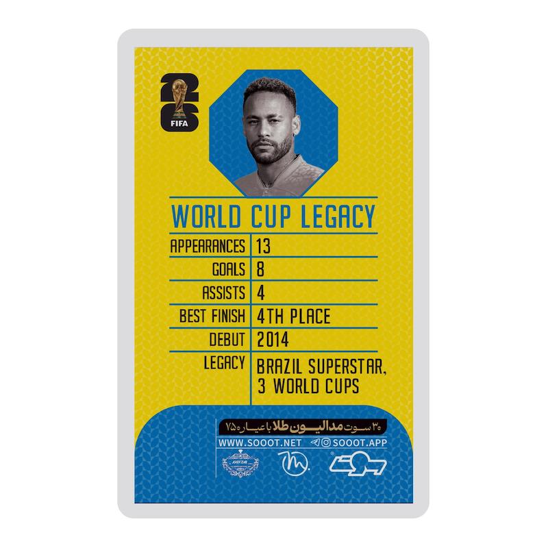 طلای گرمی طلا ۱۸ عیار کارت فوتبالی سوت نیمار NEYMAR طرح 2026 با 30 سوت طلای 18 عیار کد SO10085026 مدوپد