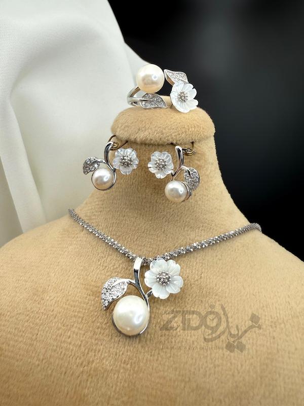 خرید ست مروارید نقره طرح گل صدف