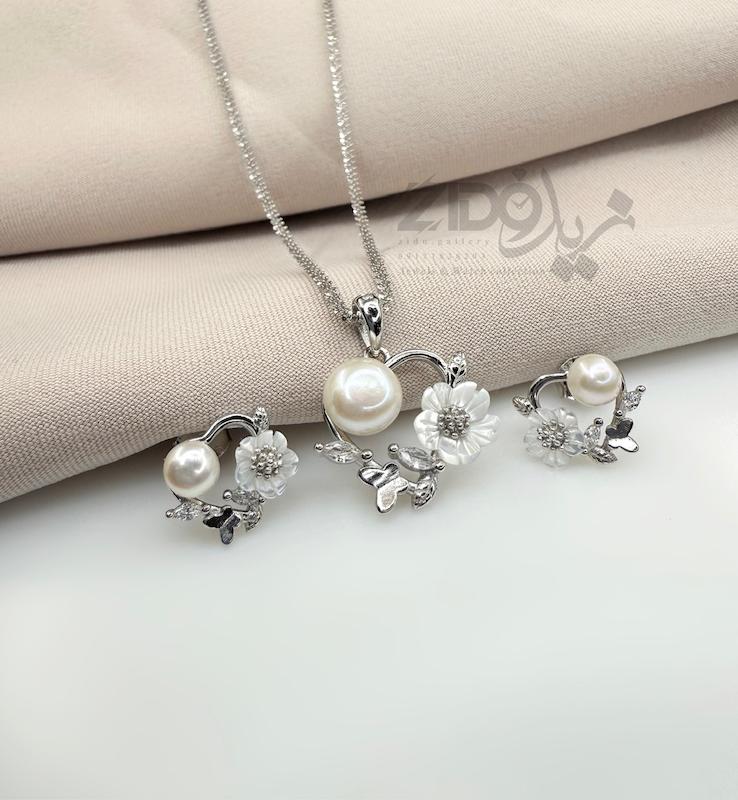 نیمست زنانه نقره مروارید و گل صدف مدل آیلین کد H1010