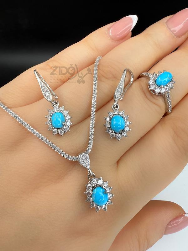 ست فیروزه اصل نیشابور نقره عیار ۹۲۵ کد SET1026