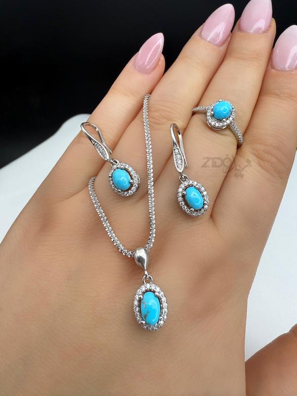 ست فیروزه اصل نیشابور نقره عیار ۹۲۵ کد SET1029