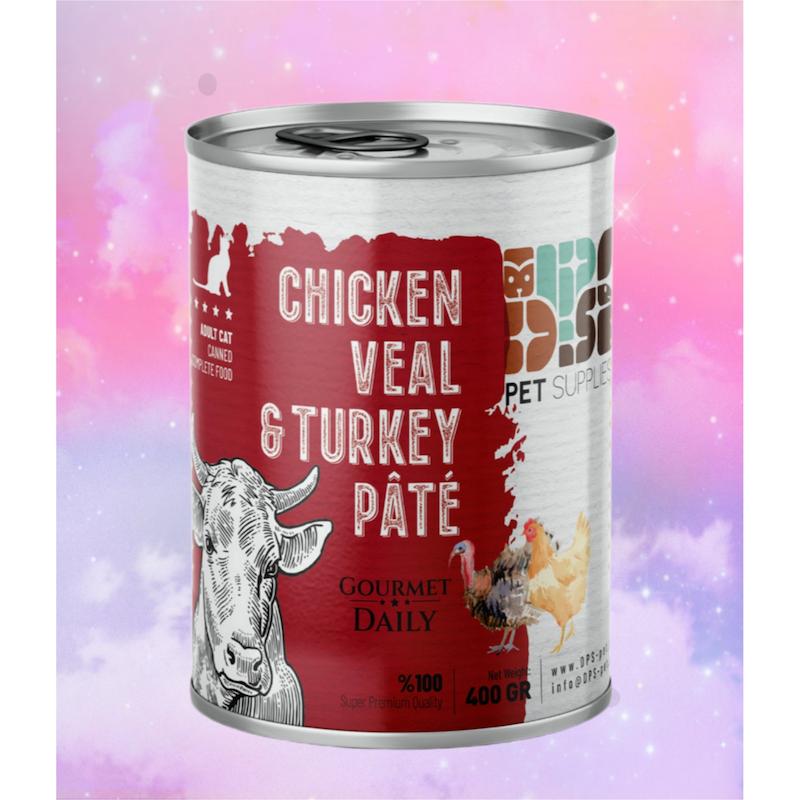 کنسرو پته گربه برند DPS مدل گوشت،بوقلمون،مرغ وزن 800 گرم