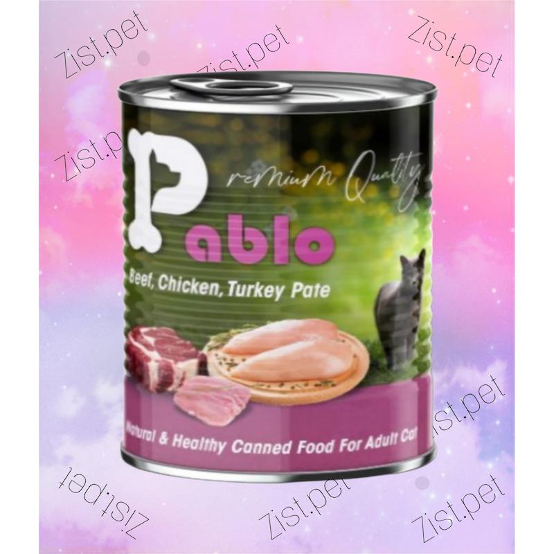کنسرو پته گربه بالغ پابلو گوساله ، مرغ و بوقلمون سوپرپریمیوم 800 گرمPablo can
